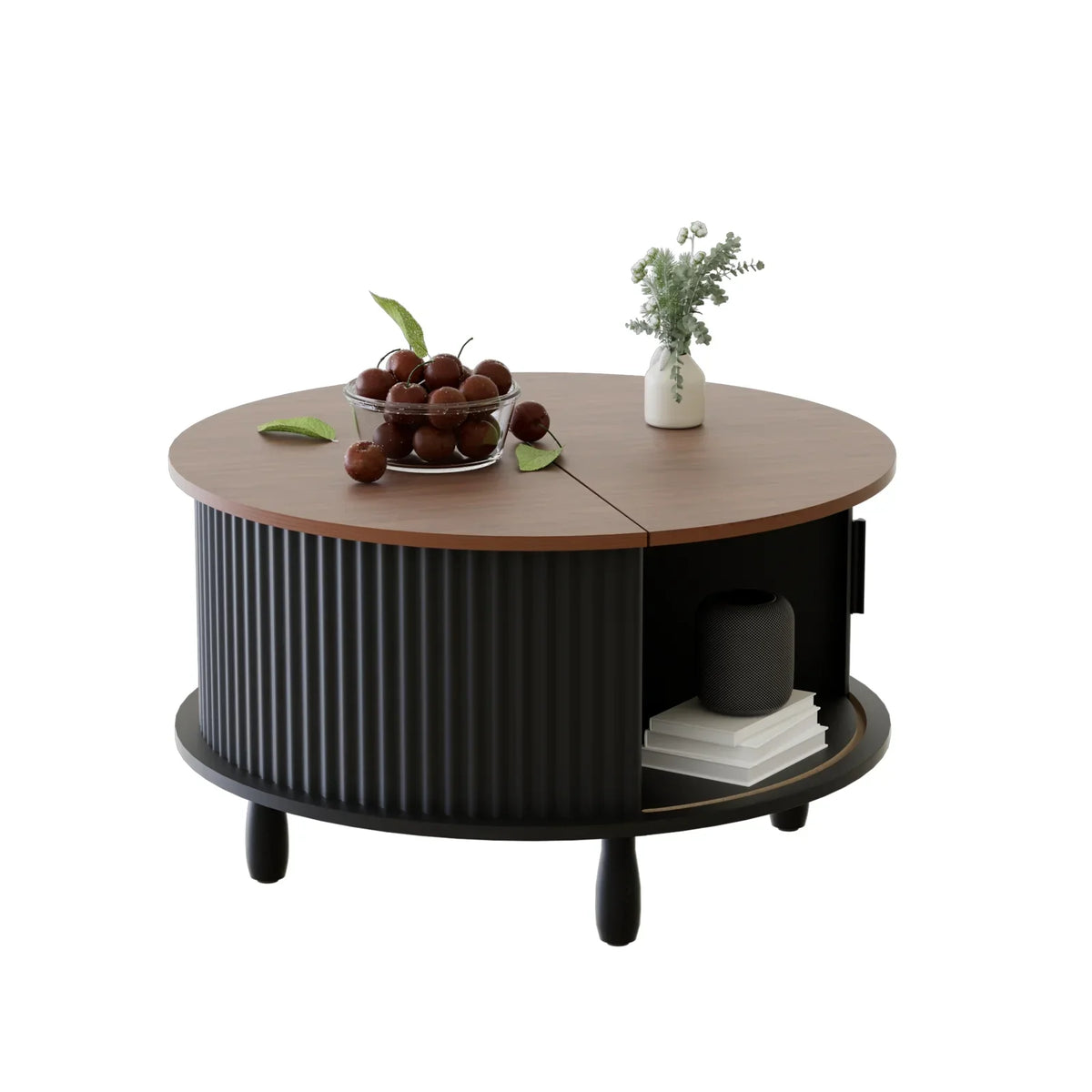 2026 NewRUMLIVE Round Coffee Table with Storage, 30.7" Modern Coffee Table with 360" Curved Sliding Door, Fluted Wood Coffee Table with Footpads, Round Center Table for Living Room, Black