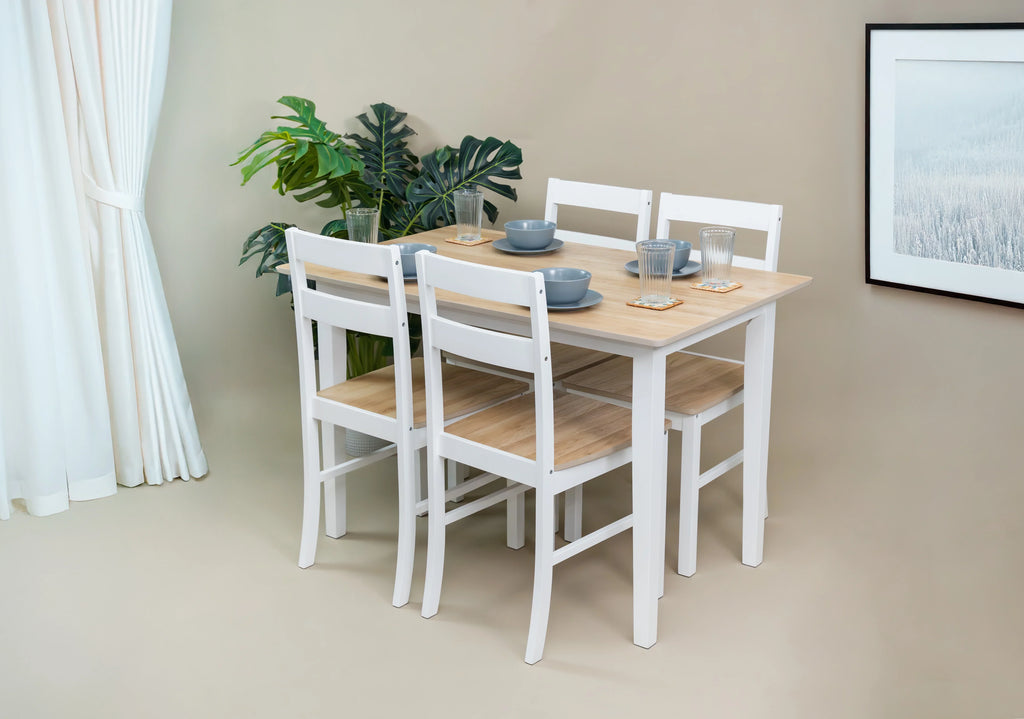 2026 NewMainstays 5-Piece Dining Set, 1 Table and 4 Chairs, White, MDF and Rubberwood, Indoor, 46" L x 29" W x 30" H Table