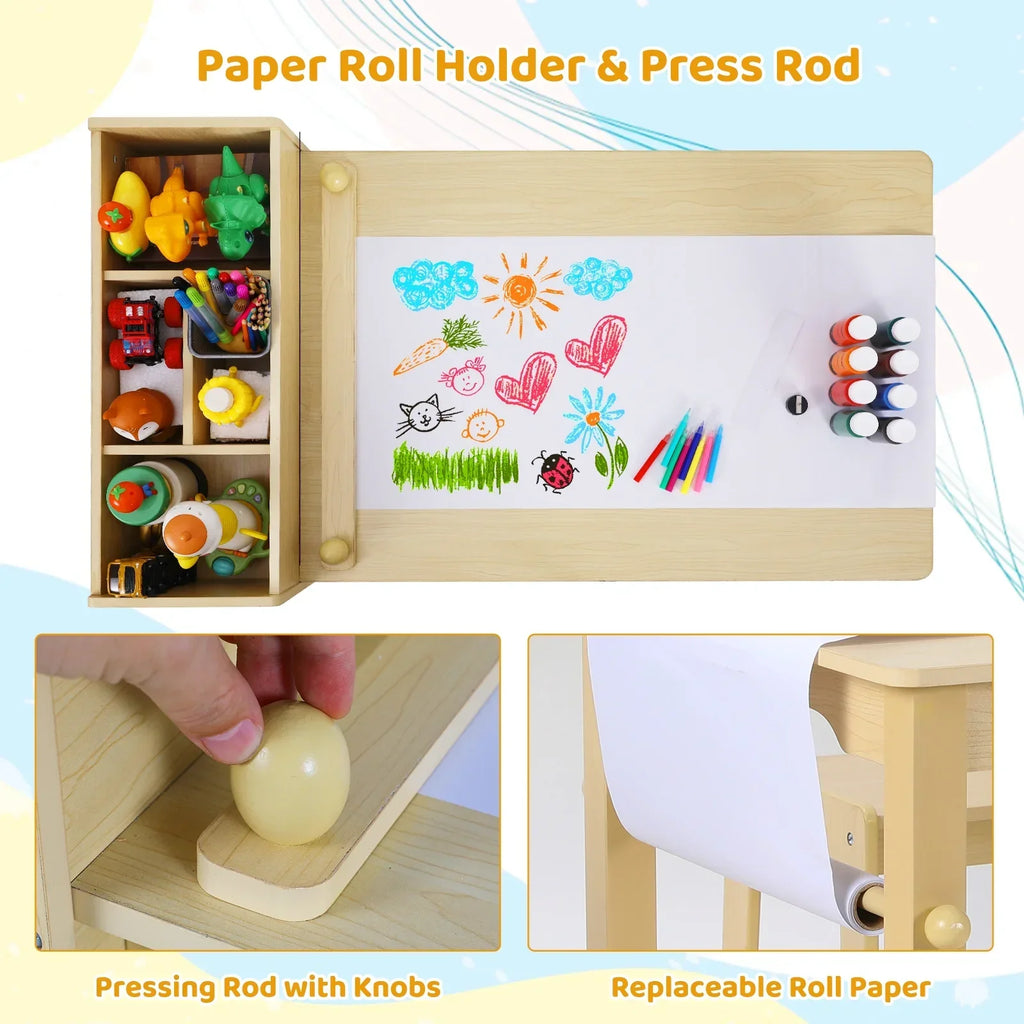 2026 NewPirecart Kids Art Table and 2 Chairs Toddler Craft Set Wooden Play Activity Drawing Table with 4 Storage Bins and Paper Roll