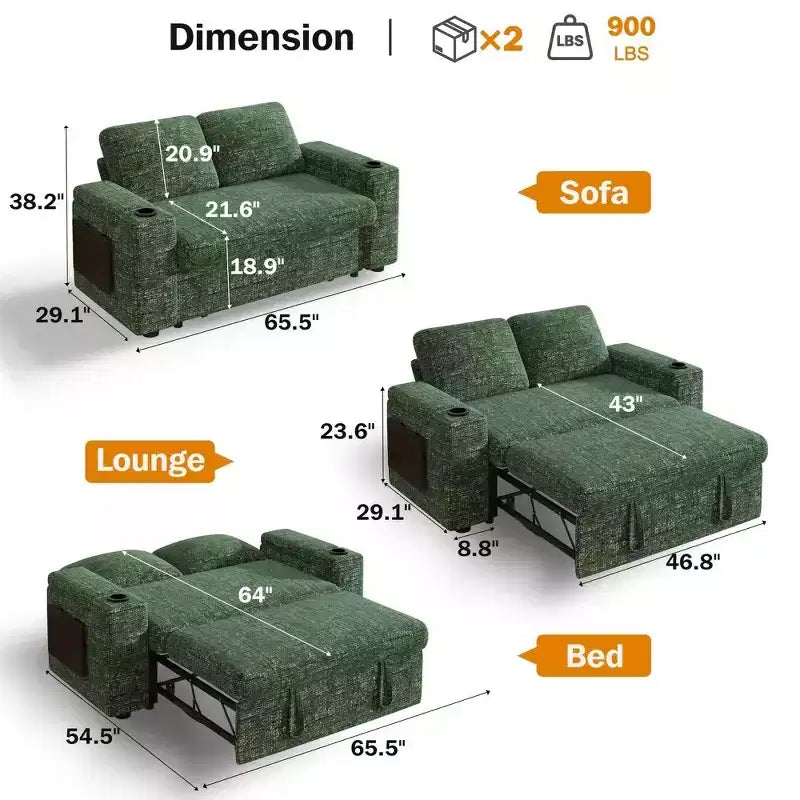 2026 Dyonery Sofá cama 4 en 1 de 65,5" con respaldos ajustables, carga USB/Type-C, portavasos y bolsillos, verde