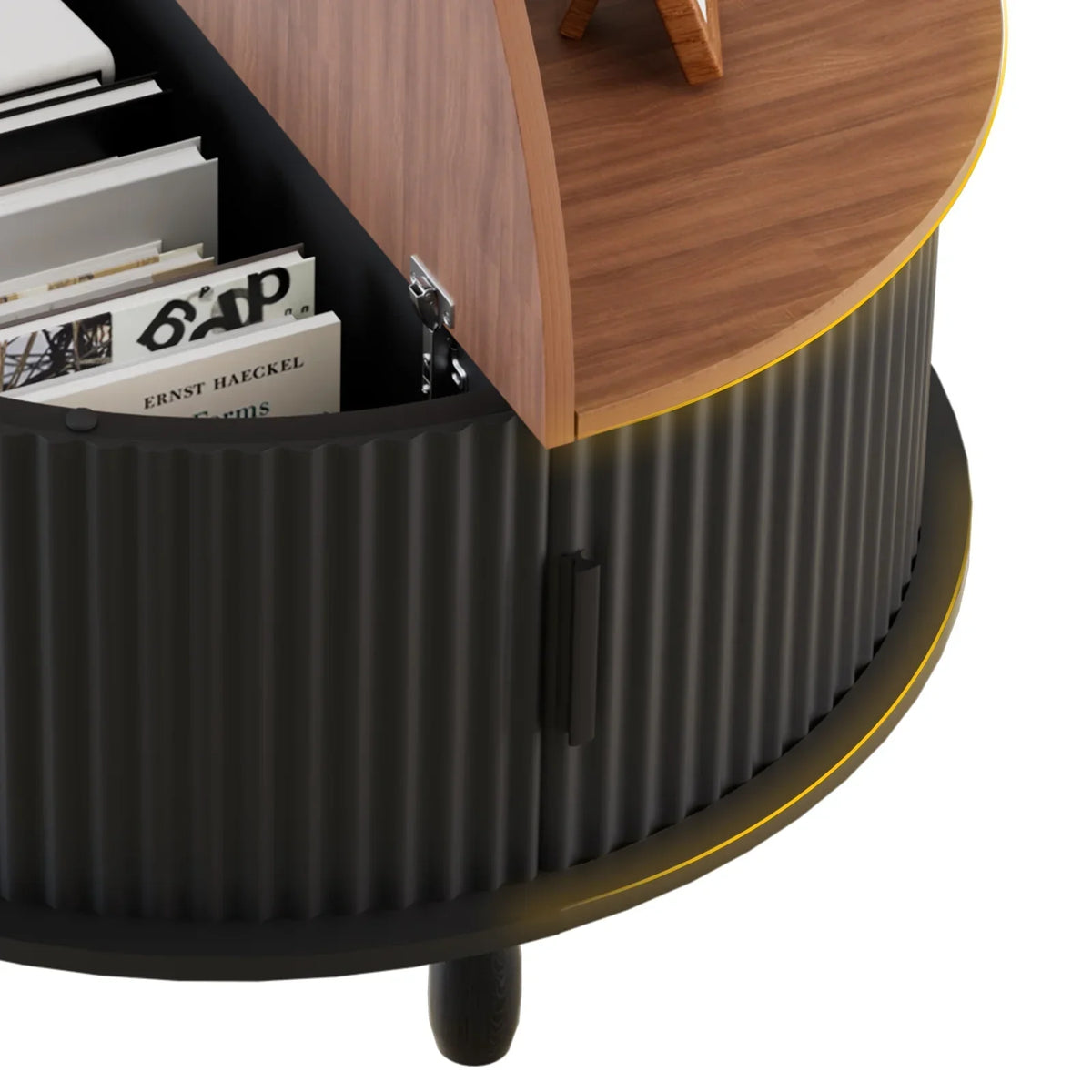 2026 NewRUMLIVE Round Coffee Table with Storage, 30.7" Modern Coffee Table with 360" Curved Sliding Door, Fluted Wood Coffee Table with Footpads, Round Center Table for Living Room, Black