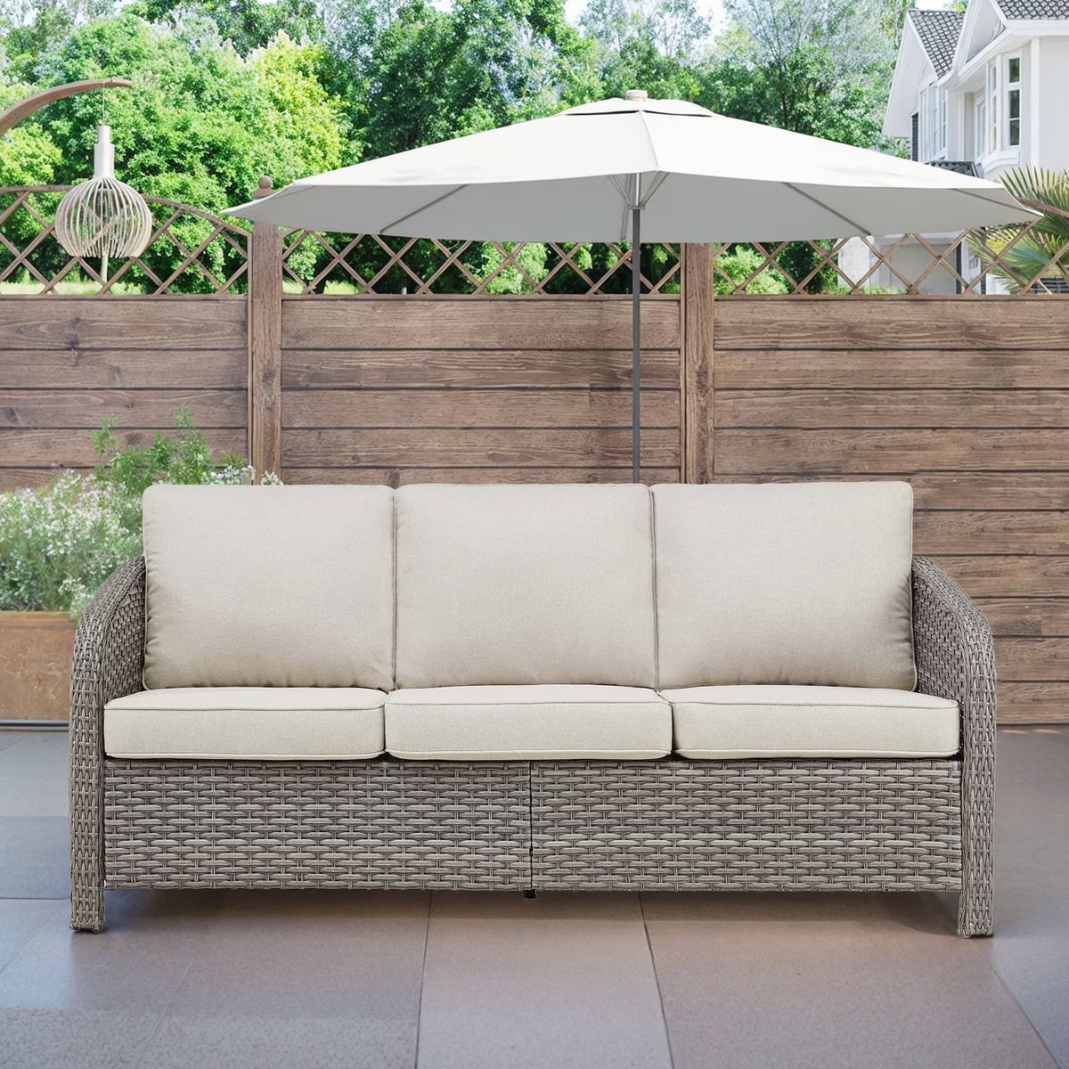 2026 New3-Seat Patio Wicker Sofa Outdoor Rattan Couch Furniture Steel Frame with Beige cushion&Waterproof Cover, Gray