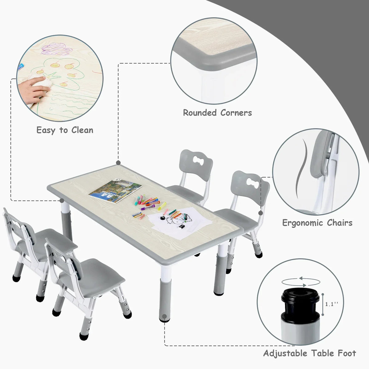 2026 NewLAZY BUDDY Kids Table and 4 Chairs Set, Height Adjustable Toddler Desk with Graffiti Desktop, Kids Activity Table Set for Daycare, Home