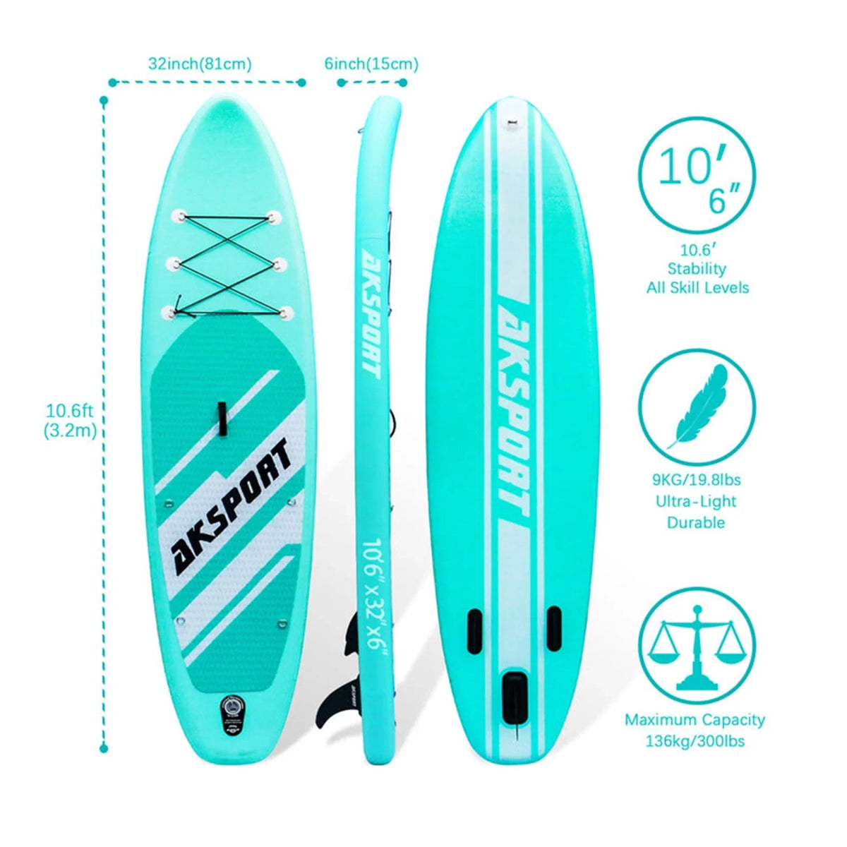 2026 NewAKSPORT 10'6" Inflatable All Around Stand up Paddle Board Kit, Mint Green