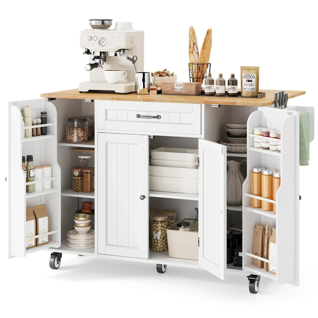 2026 NewNoelse Kitchen Island with Storage, Island Table for Kitchen with Drop Leaf, Spice Rack, Towel Bar for Small Kitchens, White