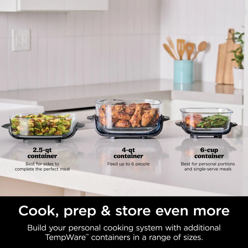 2026 NewNinja Crispi 3-in-1 Portable Glass Air Fryer Cooking System, 1500W, 4-Qt & 5-Cup TempWare Glass Containers with Storage Lids, Microwave, Freezer & Dishwasher Safe, White, FN100WH