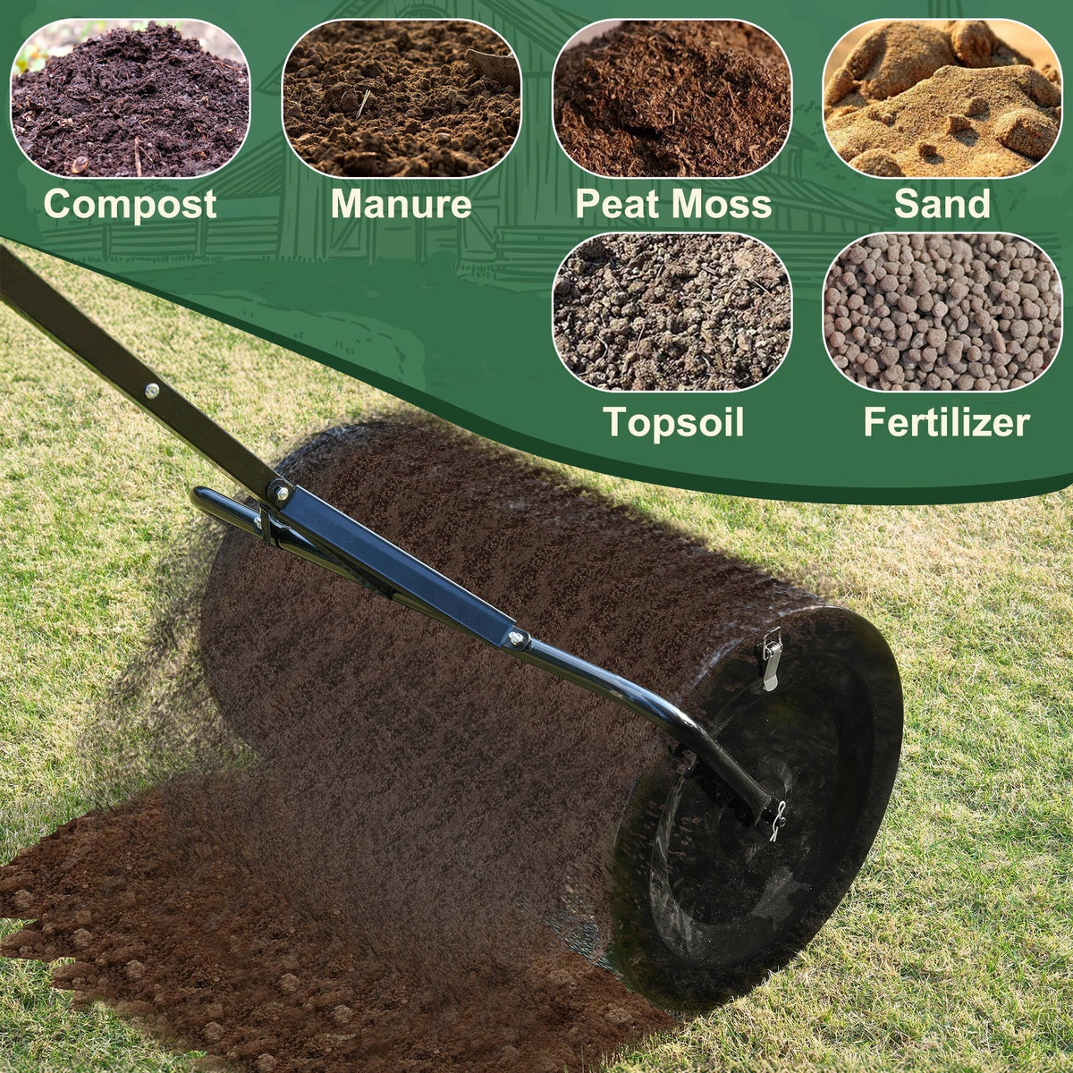 2026 NewMUCHANT 24" Compost Spreader, Heavy-Duty Metal Mesh Spreader with Adjustable Handle for Lawn, Green