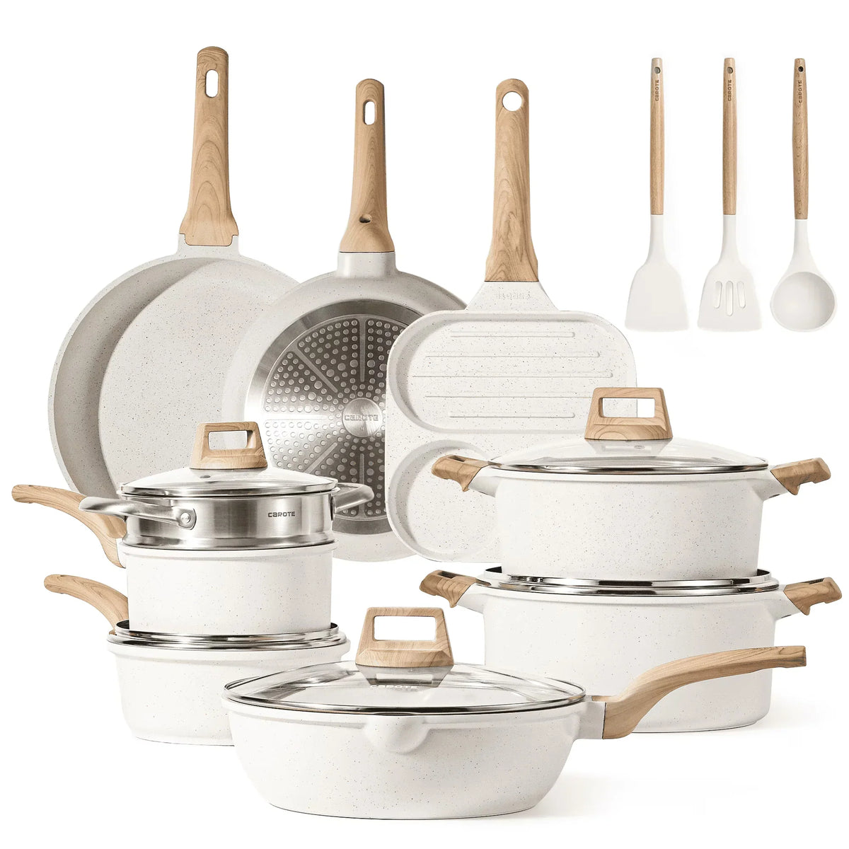 2026 NewCarote Nonstick Cookware Sets, 24 Pcs Granite Non Stick Pots and Pans Set, Induction Cookware, White
