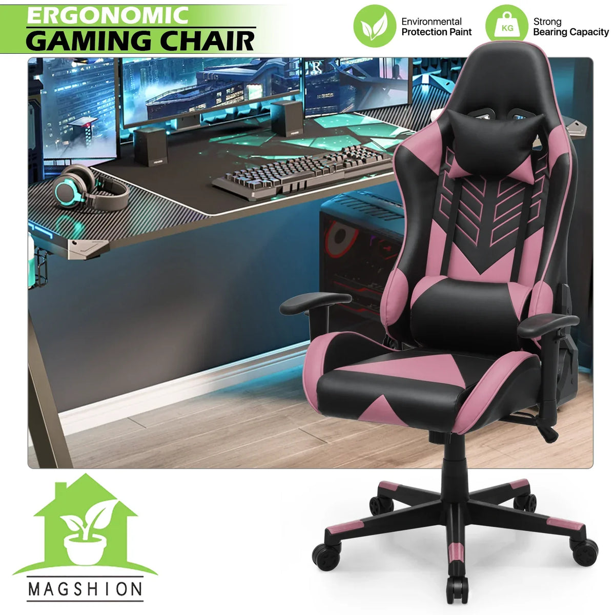 2026 NewMagshion Ergonomic Gaming Chair, Comfortable Gaming Chair, Computer Chair Leather Desk Chair Adjustable Swivel Gaming Office Chair, Blue