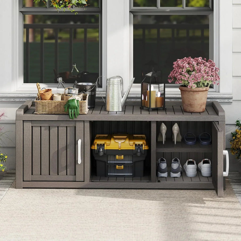 2026 NewKAMABOKO Outdoor Shoe Storage Cabinet, Waterproof UV-Resistant Entryway Storage Bench Indoor Outdoor with 2 Barn Doors, Adjustable Shelves for Entryway, Bedroom, Hallway,Living Room(Black)