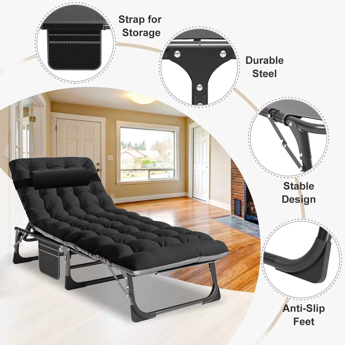 2026 NewMOPHOTO Lounge Chair with Mattress, Outdoor Chaise Lounge Support 440 Lbs, Adjustable Portable Heavy Duty Sleeping Cots Bed for Camping, Pool, Beach, Patio