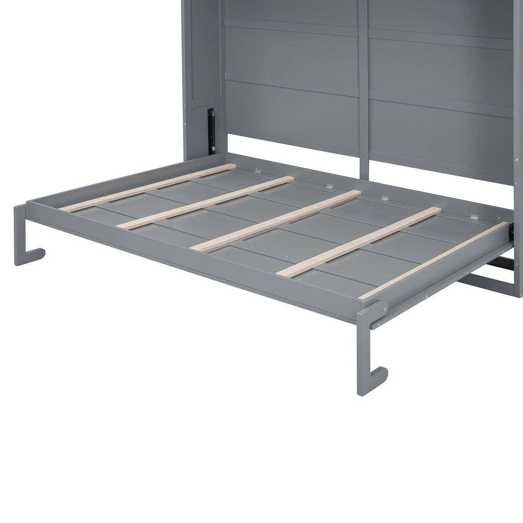 2026 NewQueen Size Murphy Bed Wall Bed with Top Shelves & USB Charging, Space-Saving Cabinet Bed with Flexible Slats, Gray Modern Foldable Bed
