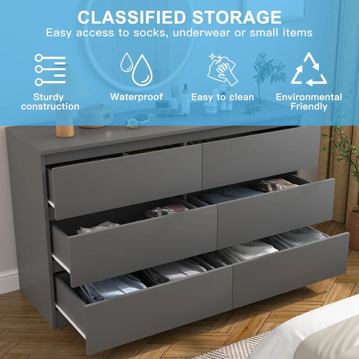 2026 NewResenkos Modern Mid Century 6 Drawer Wide Dressers Chests for Bedroom, Chest of Drawer Organizer Grey