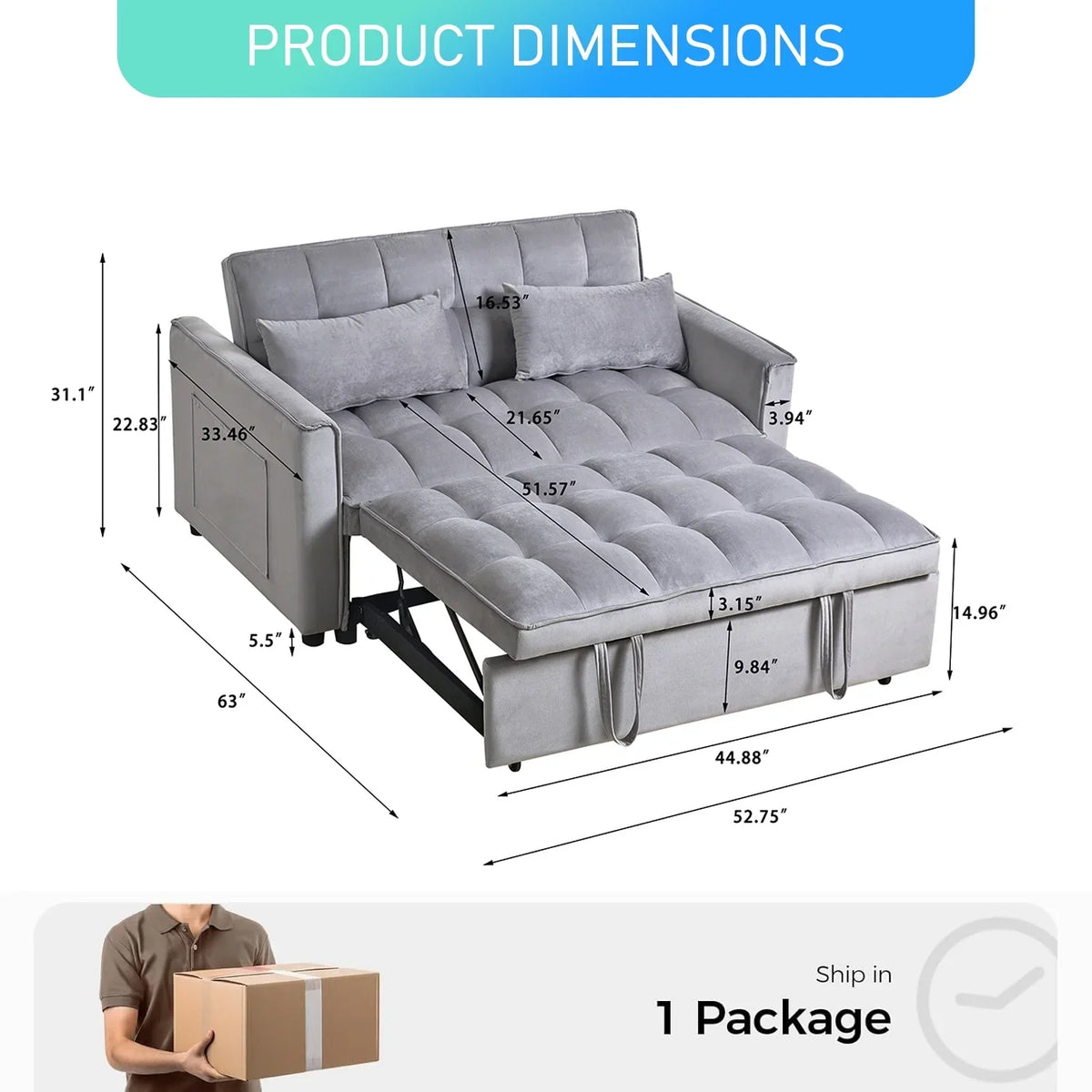 2026 New3 in 1 Convertible Sleeper Sofa Bed, Futon Couches for Living Room with Side Pocket | Adjustable Backrest| Velvet Fabric | Pull Out Couch | Love-seat sofa| Sectional Sofa Bed| 2-seat sofa bed