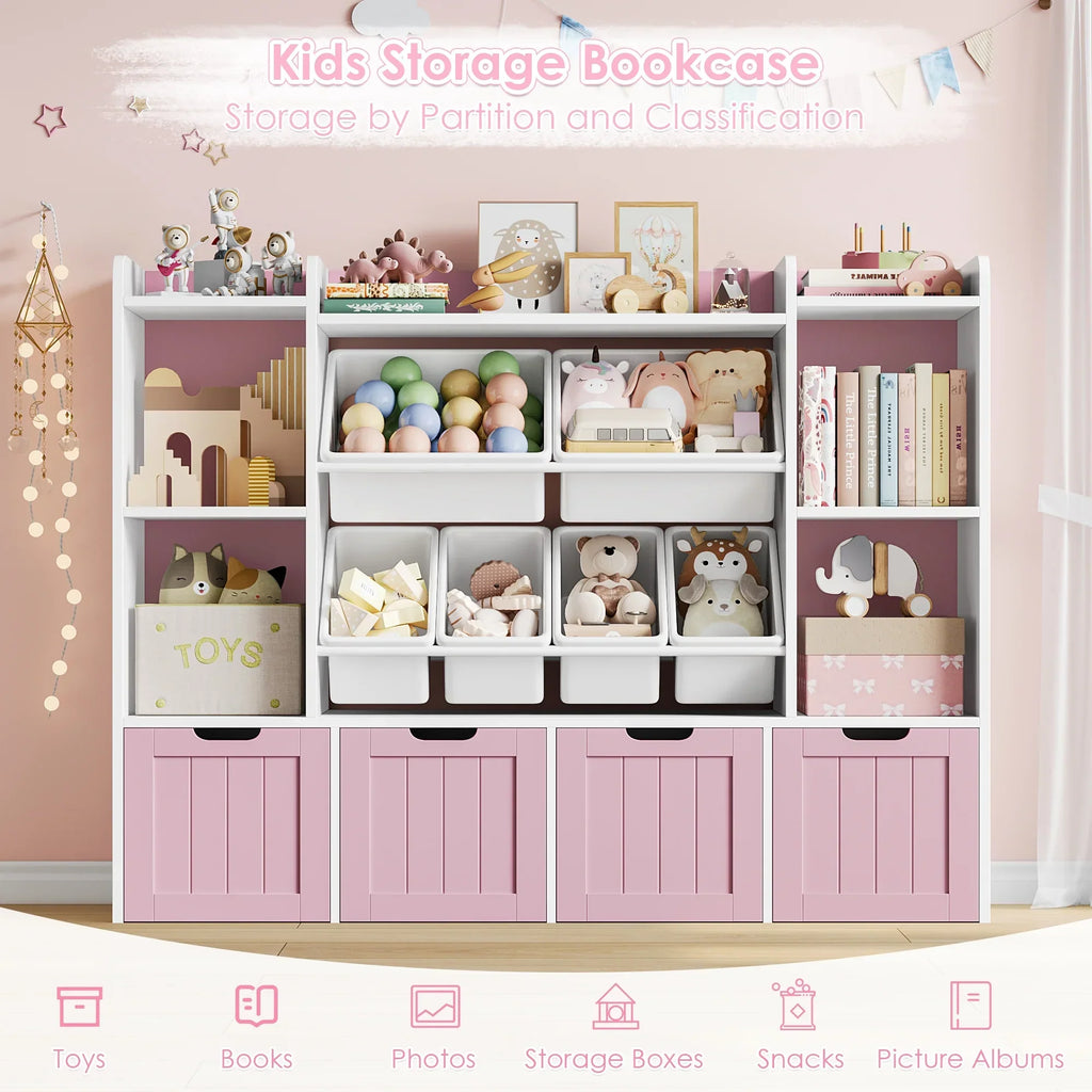 2026 NewHiphuta 3 Tier Kids Bookcase with Toy Storage Organizer, Wood Toy Organizer of 6 Boxes & 4 Removable Drawers, White