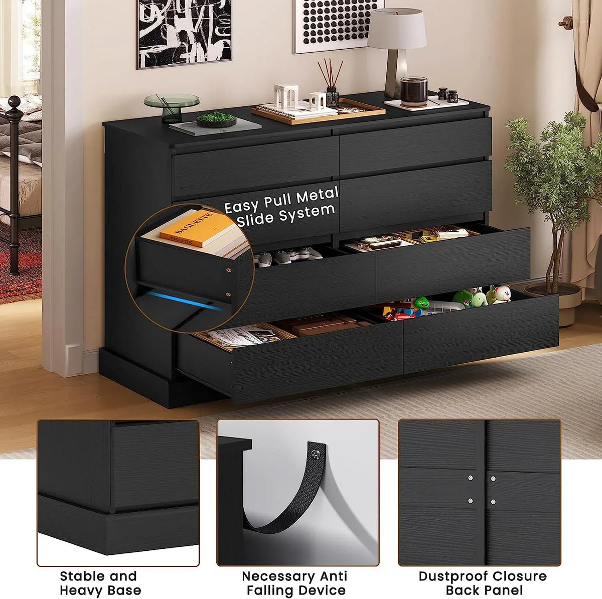 2026 New8 Drawers Double Dresser Wooden Black Chest of Drawers for Bedroom, Large Storage Cabinet for Home Living Room