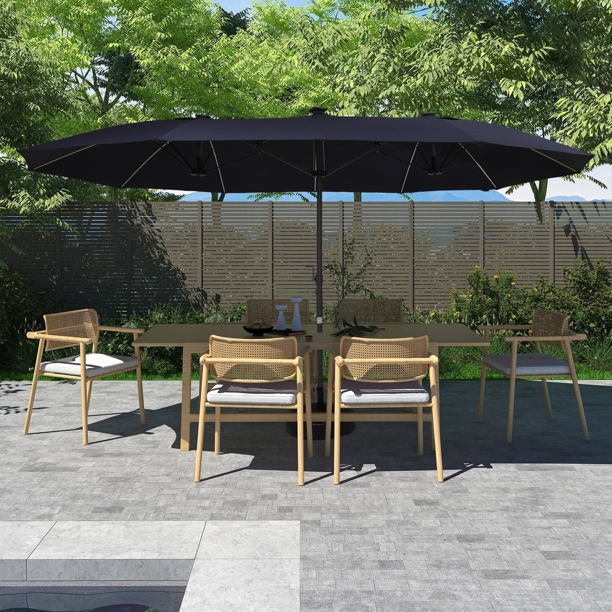 2026 NewMondawe 15ft Patio Umbrella, Large Double-Sided Solar LED Outdoor Umbrella with Fiberglass Ribs and Base for Deck Pool, Navy Blue