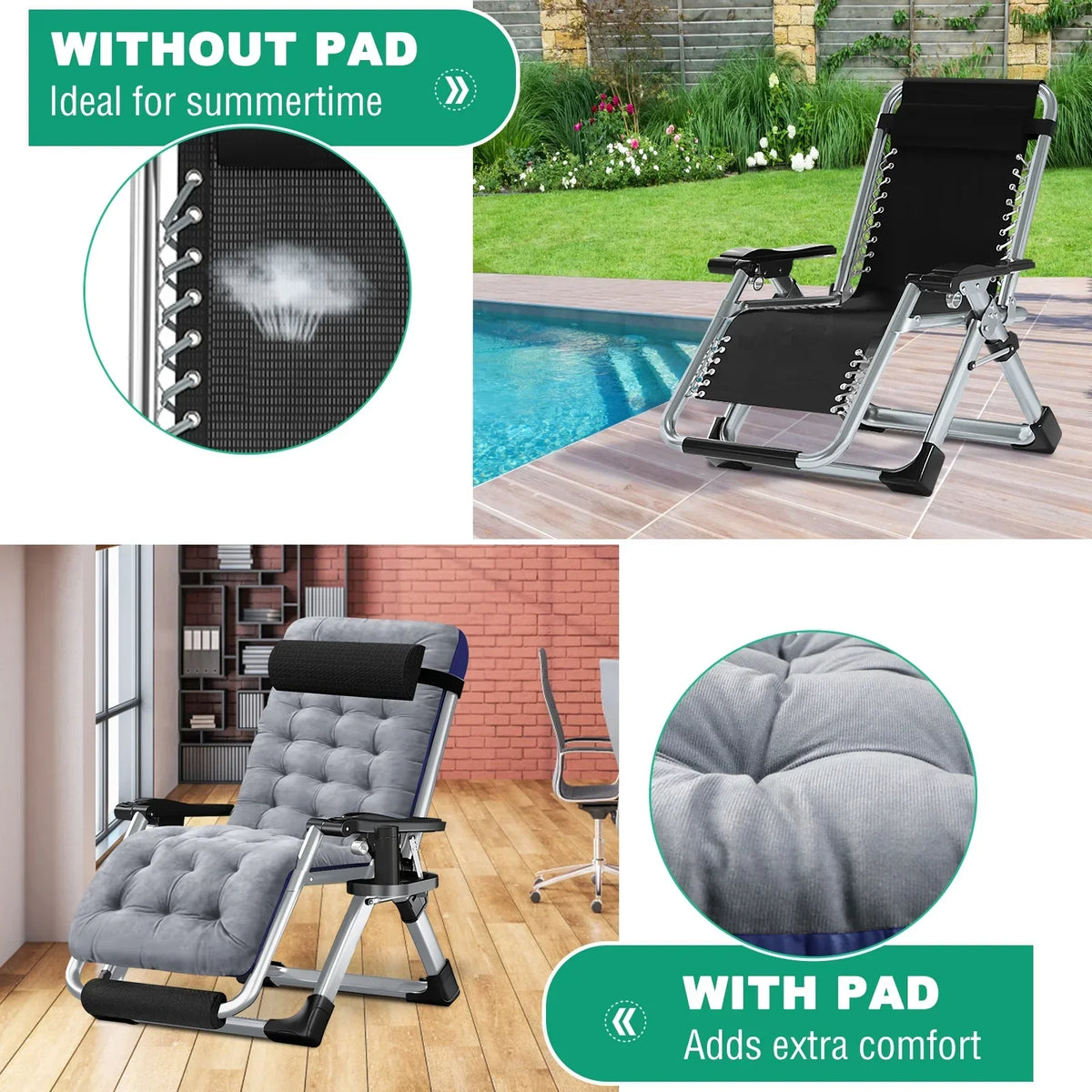 2026 NewNAIZEA 2 Pack Zero Gravity Chair, Foldable Portable Lawn Recliner with Cushion, Headrest, Cup Holder, Black