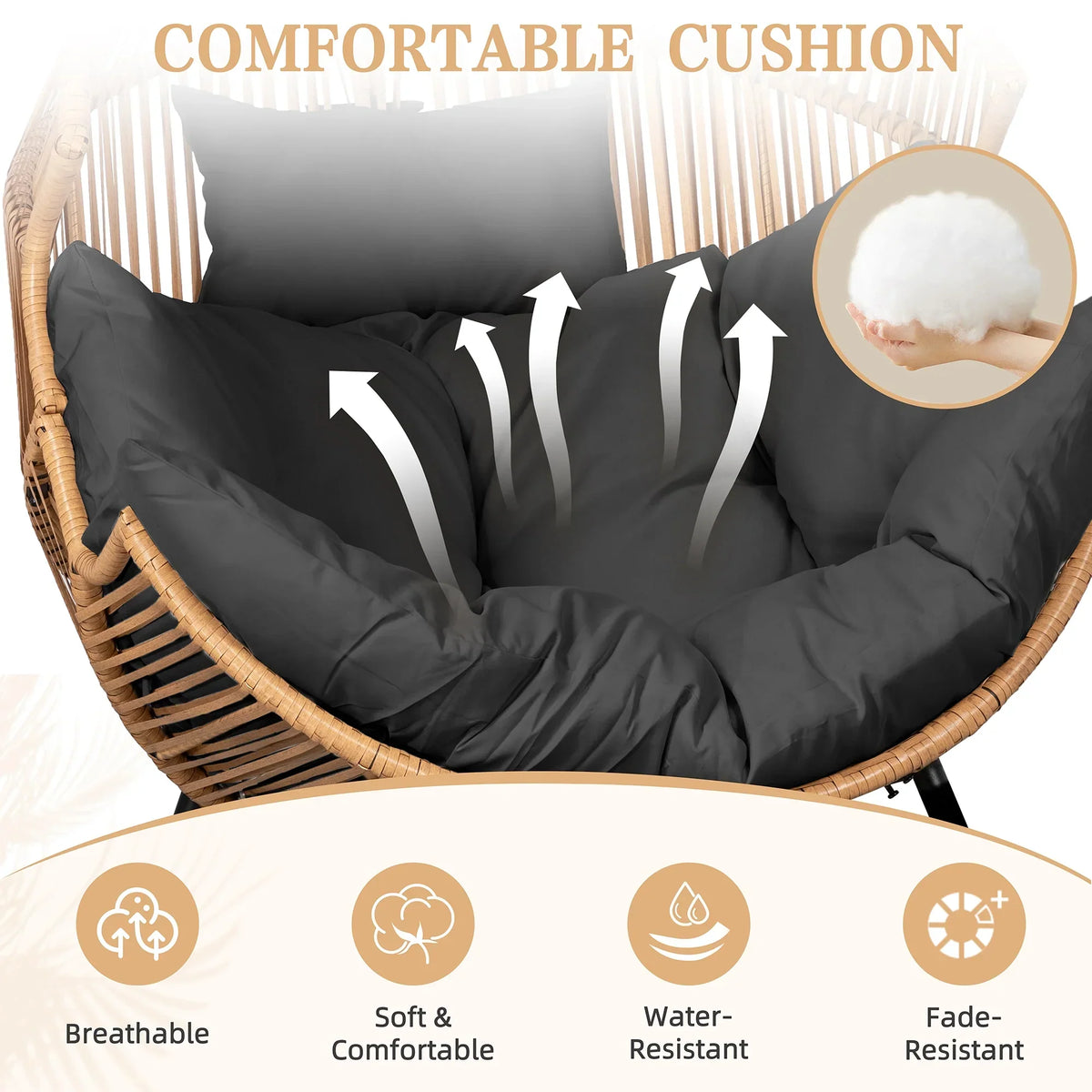 2026 NewWalsunny Egg Chairs Outdoor Patio Wicker Oversized Egg Shell Lounger Lawn Chair with Cushion for Indoor Outside Porch Balcony Backyard, Original Wood Color Rattan Beige Cushion