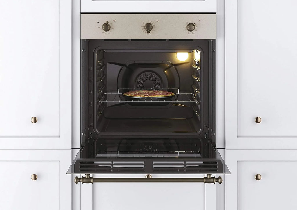 2026 Candy FCC603NAV - Horno eléctrico empotrable, ventilado, capacidad 65 litros, multifunción y función pizza, 8 programas, 56,8 x 59,5 x 59,5 cm, estilo rústico, avena, clase A