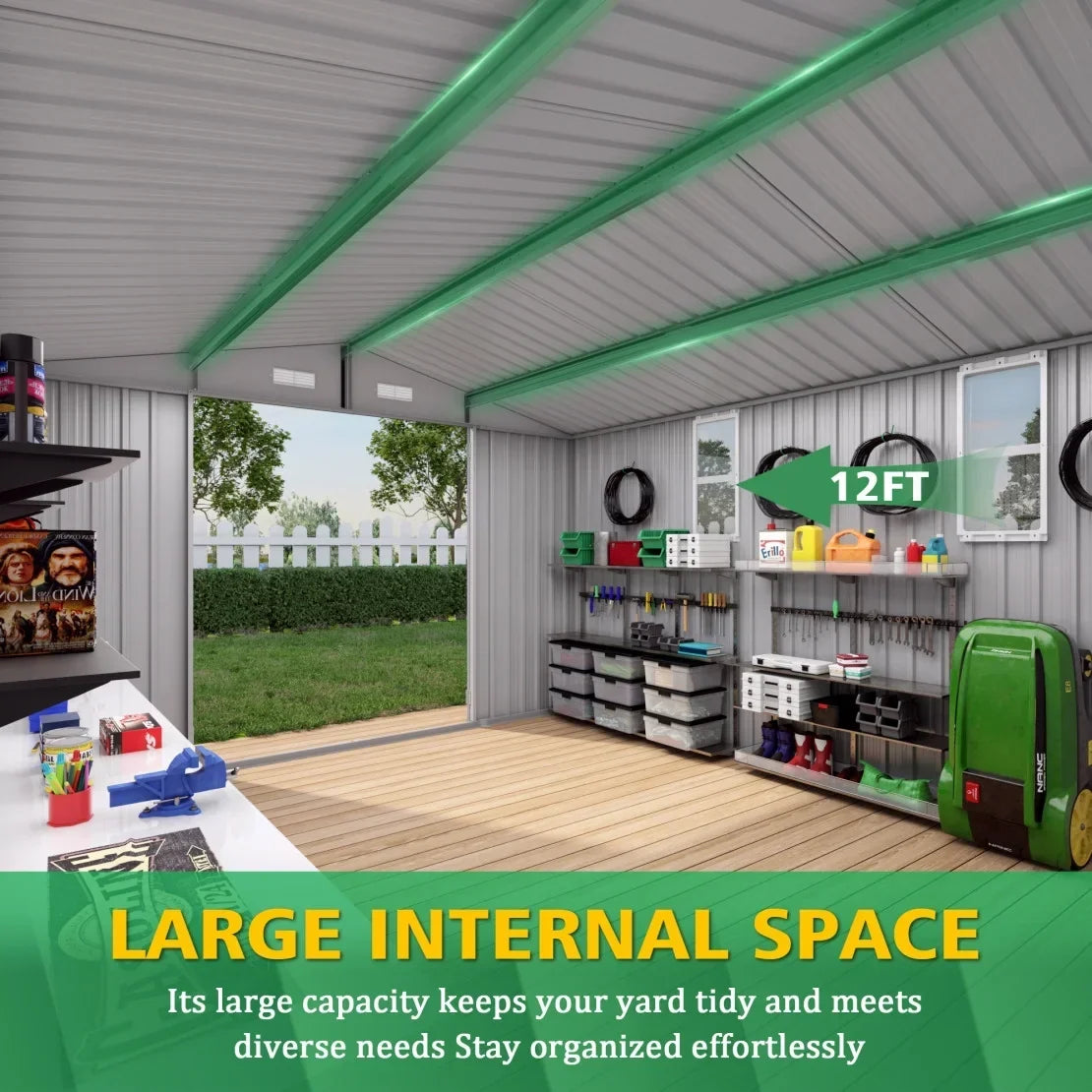 2026 New10 x 8 FT Outdoor Storage Shed, Large Metal Storage Shed, Lockable Door and Air Vent, Clear Window Garden Tool Shed for Bicycles, Tools, Lawnmowers, Backyards, Patios, Lawns - Gray