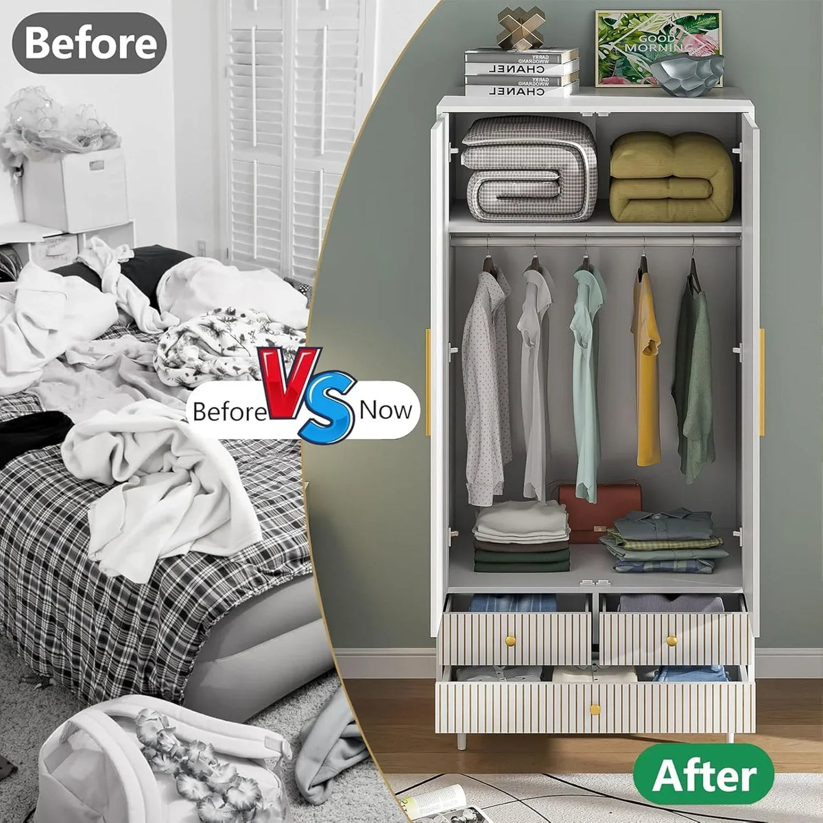 2026 NewArmoire Wardrobe Closet with 2 Doors, Wardrobe Cabinet with Hanging Rod and Drawers, Wooden Closet for Bedroom, White
