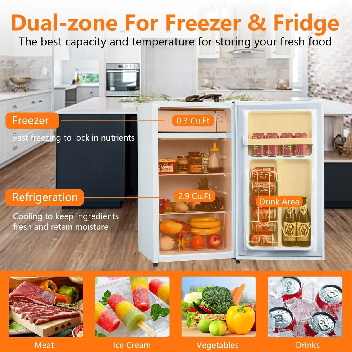 2026 NewMini Fridge with Freezer, 3.2 Cu. Ft Small Refrigerator for Bedroom,7 Adjustable Thermostat,Low Noise,Easy to Storage&Clean Single Door,Refrigerator For Home, Office, Dorm, Garage or RV