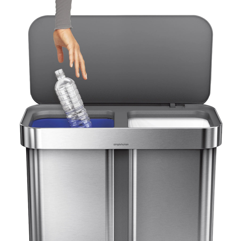 2026 Newsimplehuman 58 Liter / 15.3 Gallon Rectangular Dual Compartment Recycling Step, Brushed Stainless Steel with Soft-Close Plastic Lid Kitchen Trash Can