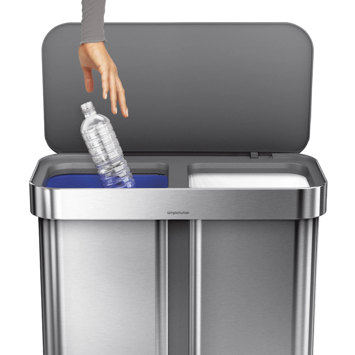 2026 Newsimplehuman 58 Liter / 15.3 Gallon Rectangular Dual Compartment Recycling Step, Brushed Stainless Steel with Soft-Close Plastic Lid Kitchen Trash Can