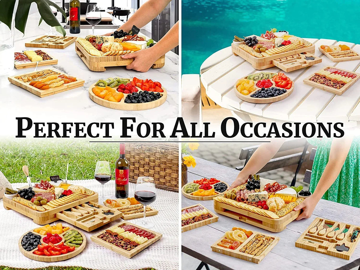 2026 NewZulay Kitchen Bamboo Cheese Board Set Extra Thick Charcuterie Board 15 Piece - Deluxe Set