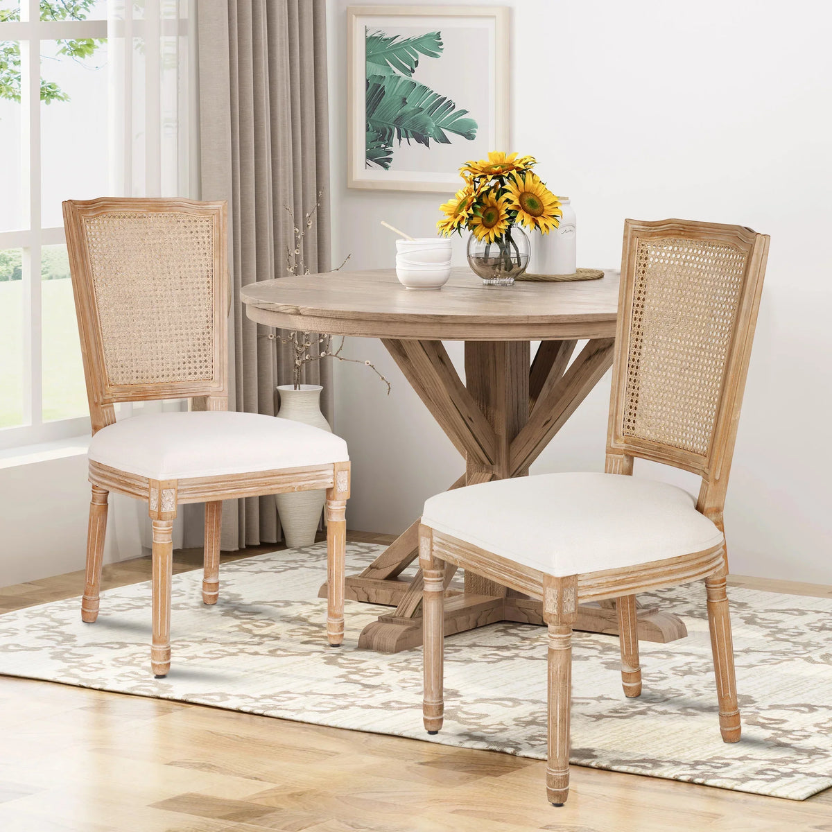 2026 NewFrench Dining Chairs Set of 2 Beige Natural Fabric Round Back with Solid Wood Legs and Frame for Bedroom Dining Room Kitchen