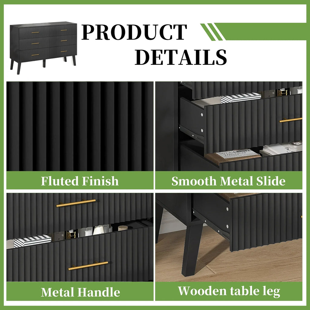 2026 NewFluted 6 Drawers Dresser, Wide Modern Chest of Drawers, 6 Drawer Double Dresser