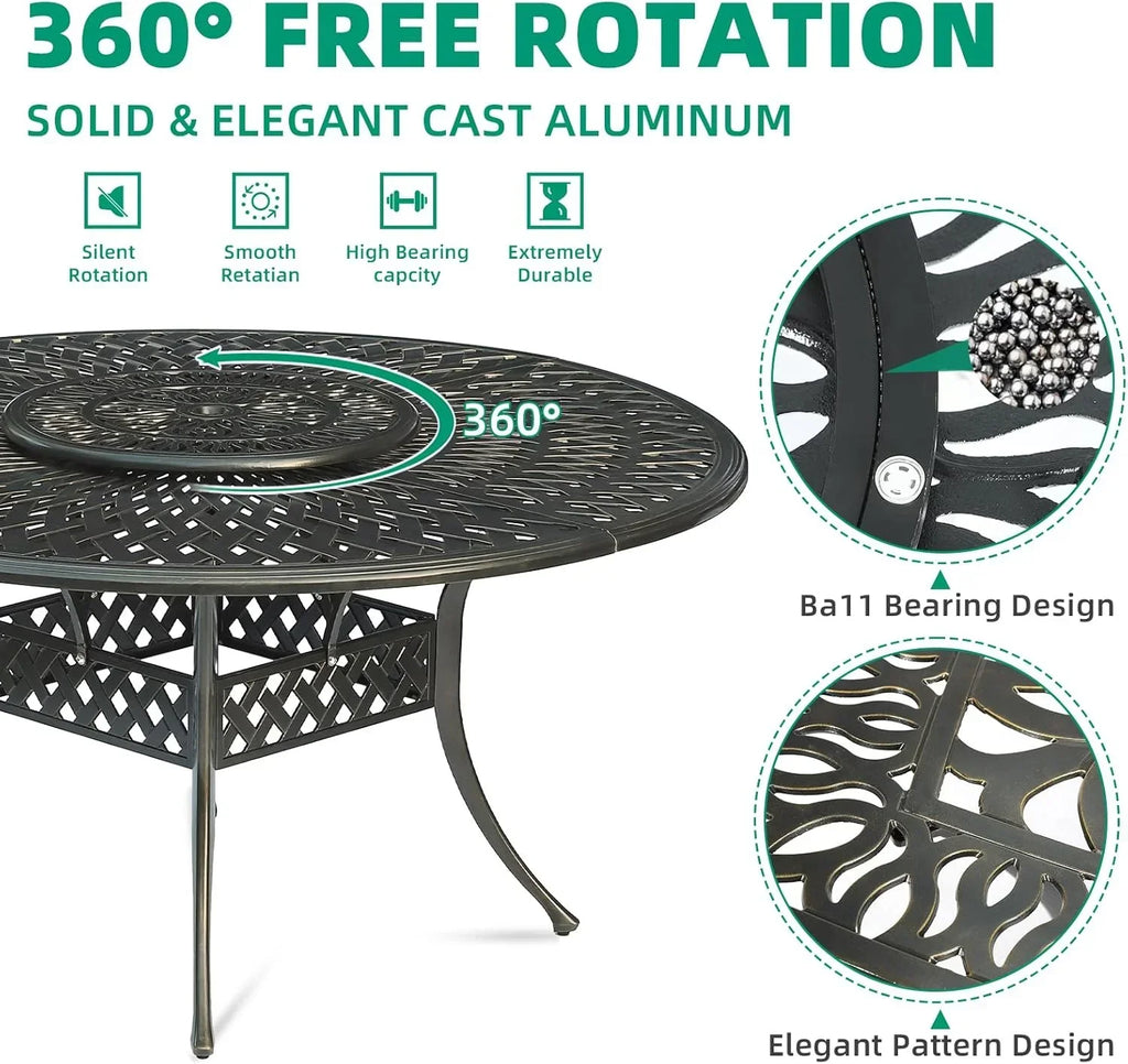 2026 NewVIVIJASON Outdoor 61" Patio Dining Table for 6-8 Person, Large Patio Round Dining Table with 24" Lazy Susan, Dark Bronze Cast Aluminum Rustic Patio Table W/Umbrella Hole for Balcony, Porch and Deck