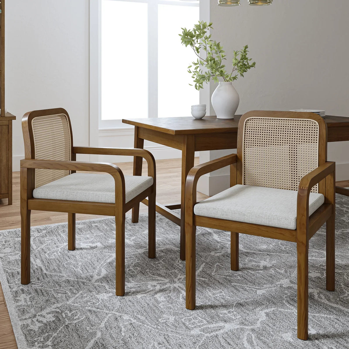 2026 NewRattan Dining Chairs Set of 2 Wooden Armchairs Removable Cushion Home Kitchen Restaurant Acorn