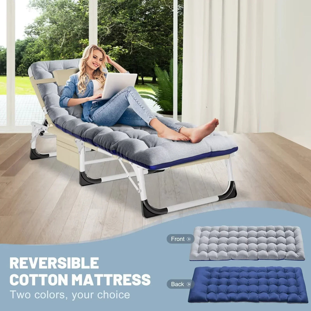 2026 NewMOPHOTO Lounge Chair with Mattress, Outdoor Chaise Lounge Support 440 Lbs, Adjustable Portable Heavy Duty Sleeping Cots Bed for Camping, Pool, Beach, Patio