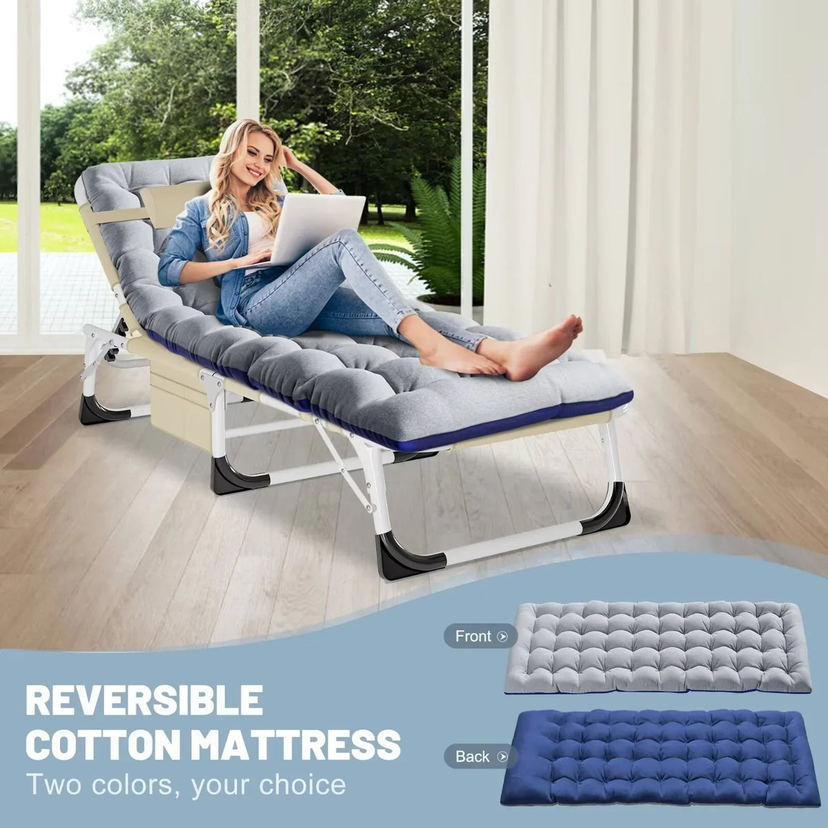 2026 NewMOPHOTO Lounge Chair with Mattress, Outdoor Chaise Lounge Support 440 Lbs, Adjustable Portable Heavy Duty Sleeping Cots Bed for Camping, Pool, Beach, Patio