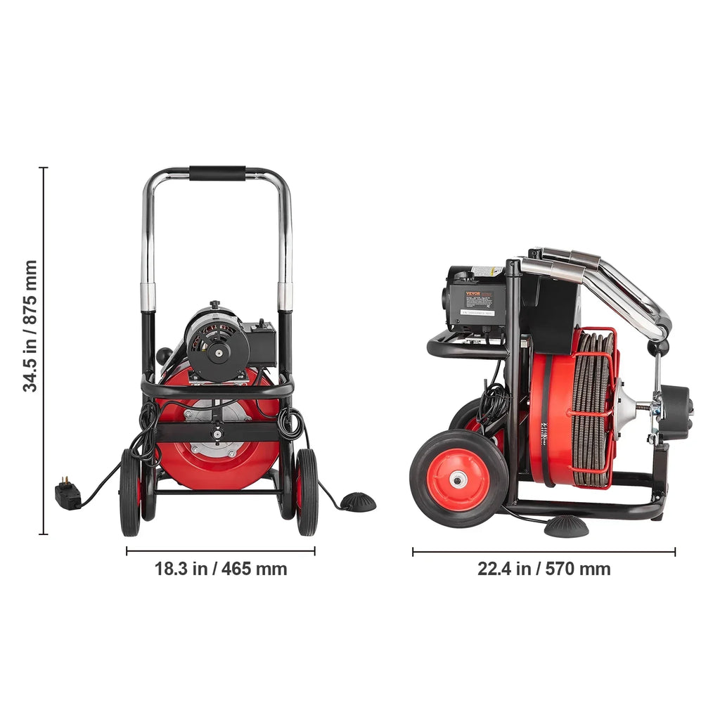 2026 NewVEVOR Drain Cleaner Machine 100FT x 3/8 Inch, Auto Feed Sewer Snake Auger on Wheels, 370W Portable Drain Cleaning Machine with 8 Cutters & Air-activated Foot Switch for 2" to 4" Pipes