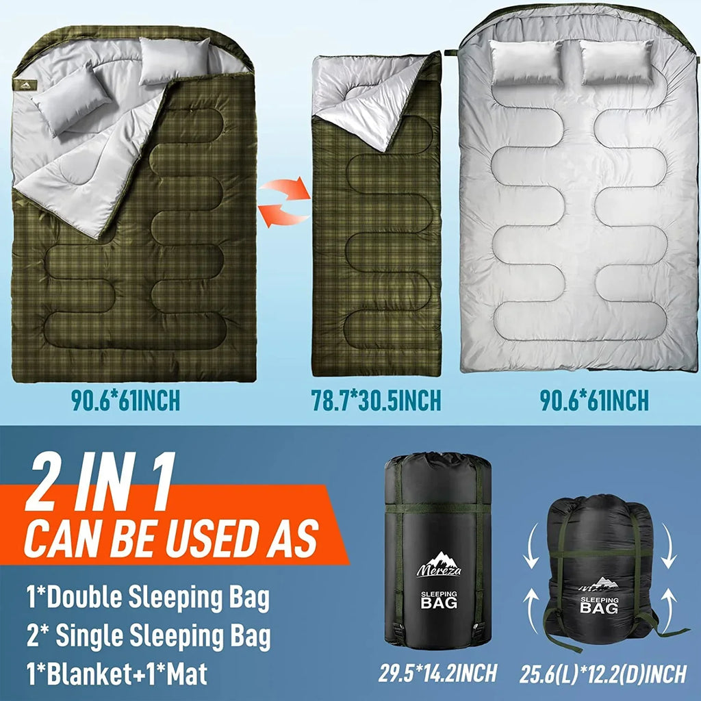 2026 NewDouble Sleeping Bag for Adults Mens with Pillow, XL Queen Size Two Person Sleeping Bag for All Season Camping Hiking Backpacking 2 Person Sleeping Bags for Cold Weather & Warm