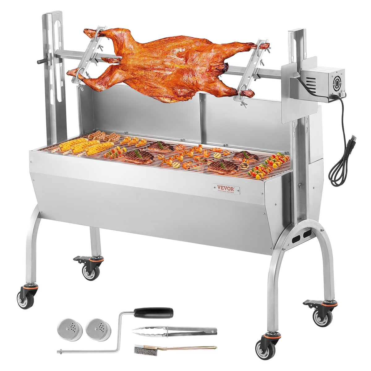 2026 NewVEVOR Rotisserie Grill with Windscreen, BBQ Whole Pig Lamb Goat Charcoal Spit Grill, 46 Inch 132 Lbs Capacity, Electric 52W Motor Stainless Steel Roaster with Lockable Wheels, for Camping Outdoor