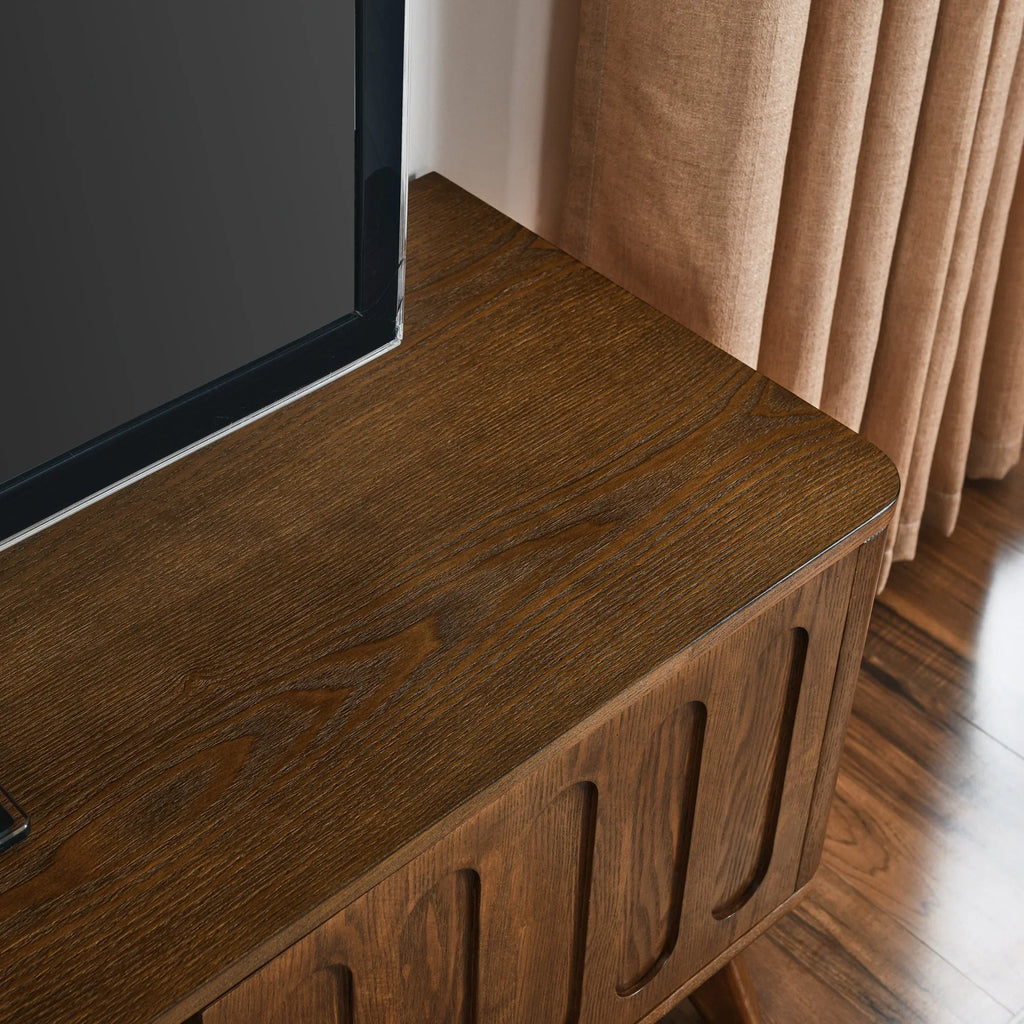2026 NewNoble House Mid-Century Modern Fluted TV Stand for 65" TV, Entertainment Console with Storage, Solid Wood Legs, Walnut