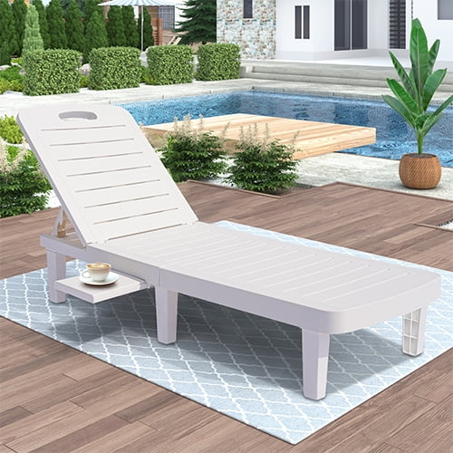 2026 NewPatio Lounge Chair Set of 2, Adjustable Chaise with Side Table, Outdoor Lounger Recliner for Poolside, Patio, Backyard, Wood Texture Design | Waterproof | Easy to Assemble | Max Weight 330 lbs White