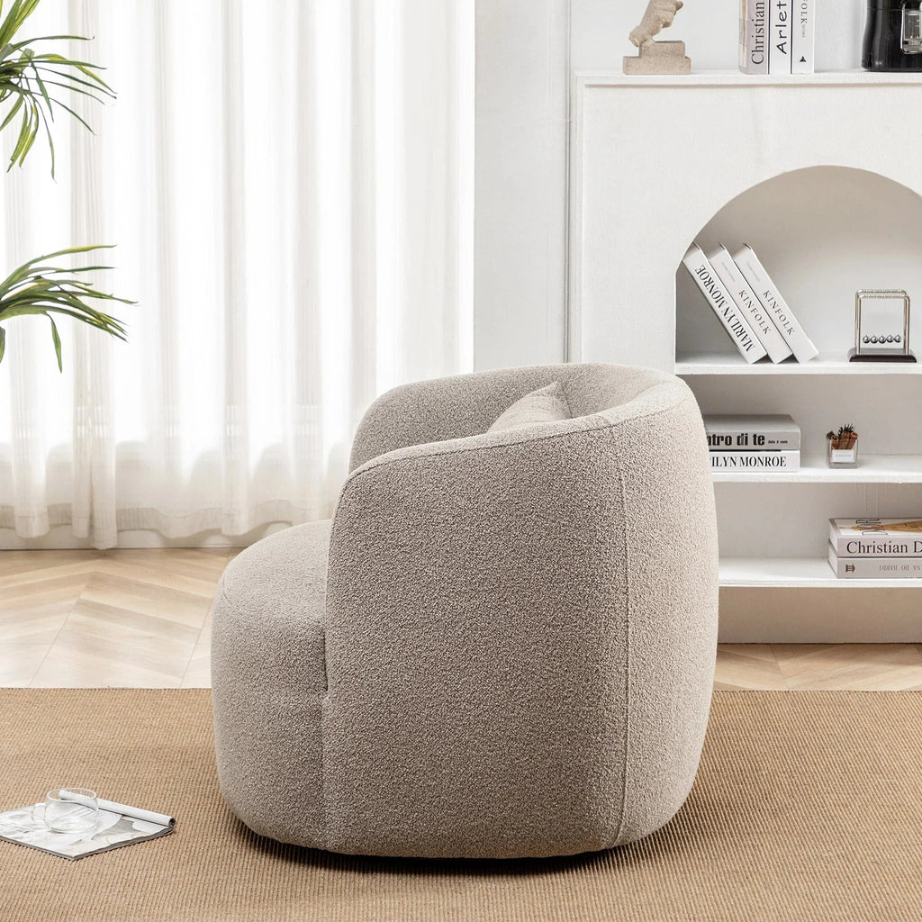 2026 New34" Wide Boucle Swivel Barrel Chair, No Assembly Round Upholstered Armchair Accent Chair Single Sofa Chair with Toss Pillow for Living Room and Bedroom, Taupe