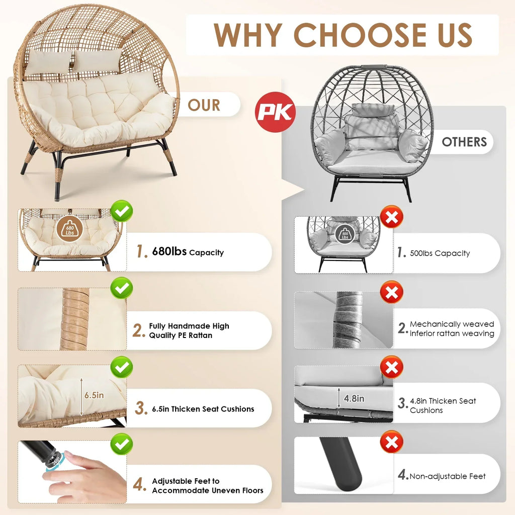 2026 NewRADIATA Double Egg Chair for 2 Person, Oversized Wicker Loveseat with Thick Cushions, 680 lbs Capacity, Indoor Outdoor Stationary Patio Lounge Chair for Balcony, Garden, Beige