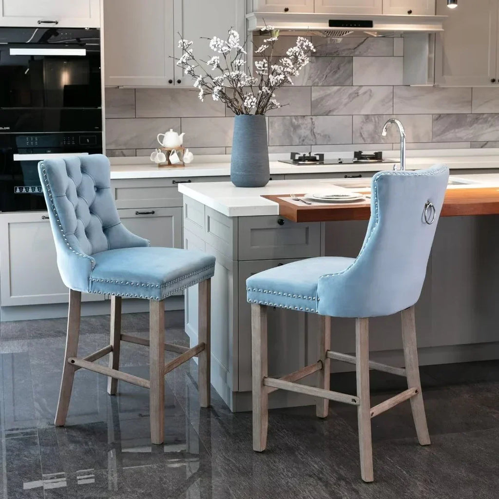 2026 NewVelvet Bar Stools Set of 2, Upholstered Counter Height Bar Chair with Rivet and Button Trim, Bar Stool with Back and Footrest, for Dining Room, Kitchen, Pub, Gray