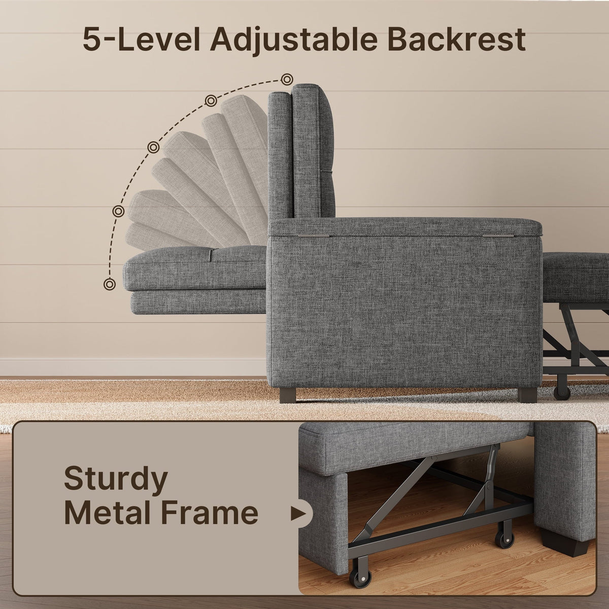 2026 NewSofa Bed, Lofka 3 in 1 Convertible Couch Bed with Storage Armrest and Adjustable Backrest for Living Room, Dark Gray