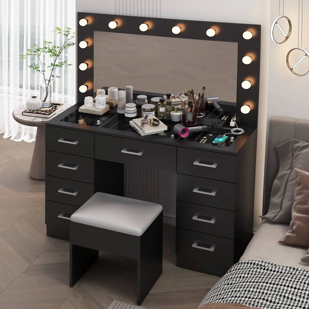 2026 NewKtaxon Large Makeup Vanity, Vanity Table Set w/ Visible Glass Top w/ Charging Station, White
