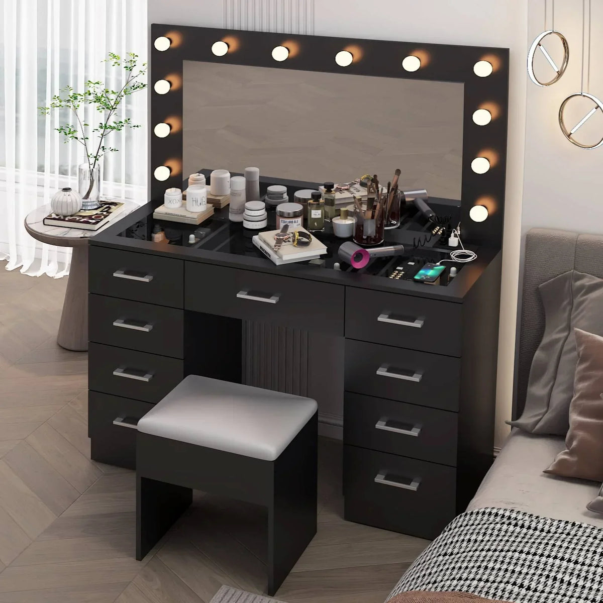 2026 NewKtaxon Large Makeup Vanity, Vanity Table Set w/ Visible Glass Top w/ Charging Station, White
