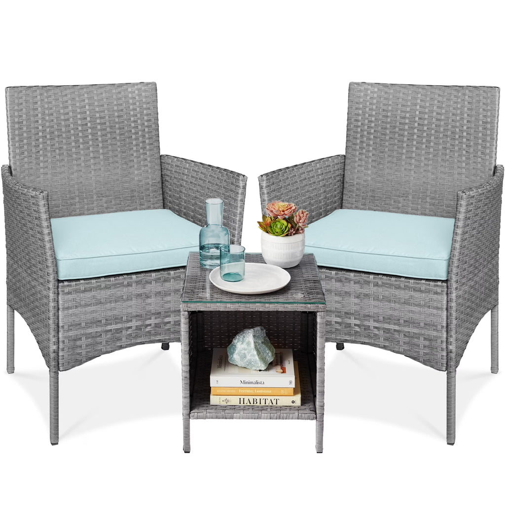 2026 NewBest Choice Products 3-Piece Outdoor Wicker Conversation Patio Bistro Set, w/ 2 Chairs, Table - Gray/Navy