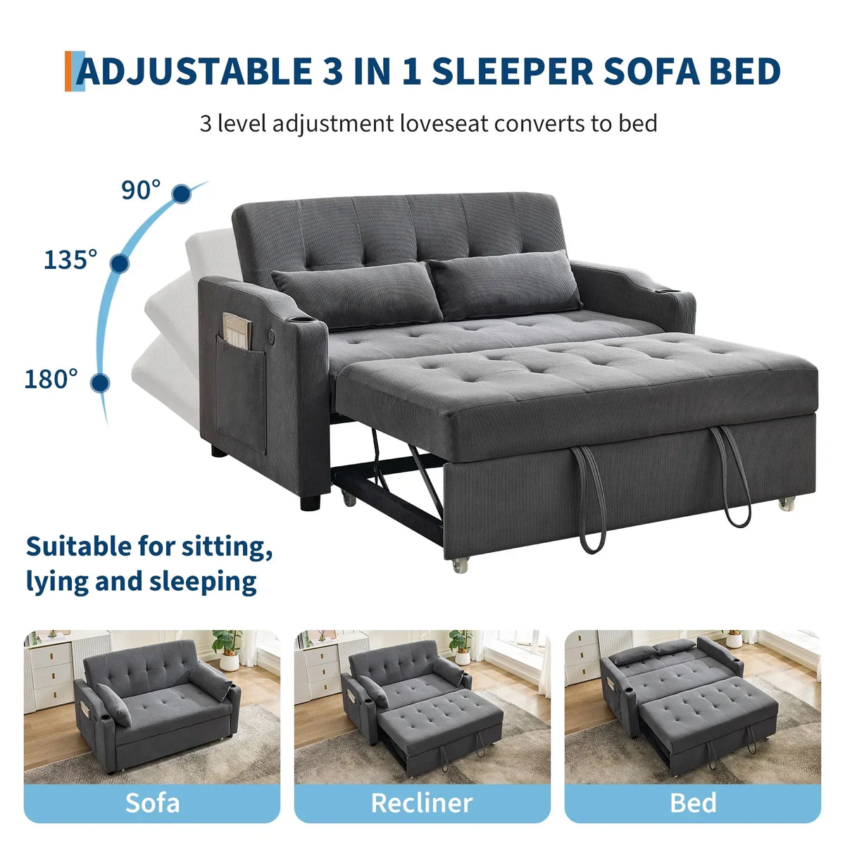 2026 New3 in 1 Convertible Sleeper Sofa Bed, Corduroy Futon Couches with Pull-Out Bed, Adjustable Backrest, Charging Port & Side Pockets, Modern Upholstered Sofa for Living Room, Guest Room