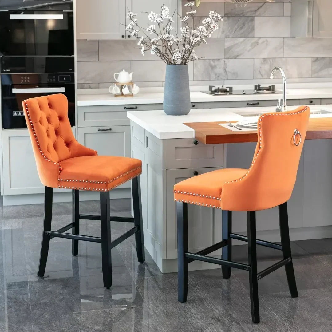 2026 NewVelvet Bar Stools Set of 2, Upholstered Counter Height Bar Chair with Rivet and Button Trim, Bar Stool with Back and Footrest, for Dining Room, Kitchen, Pub, Gray